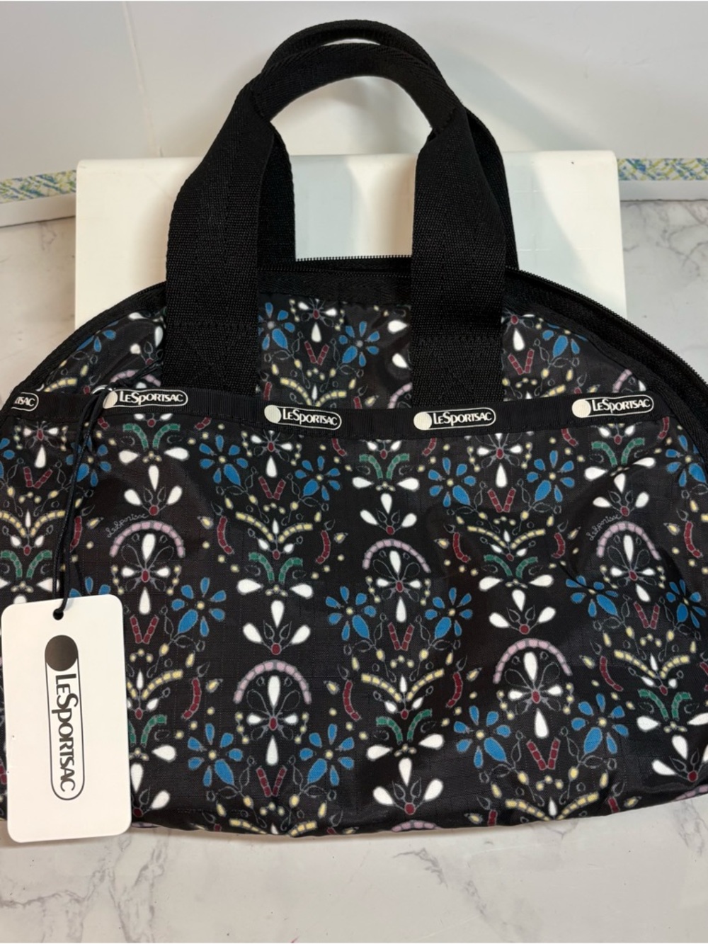 LeSportsac Black Floral Dome Handbag with Blue Accents, NWT